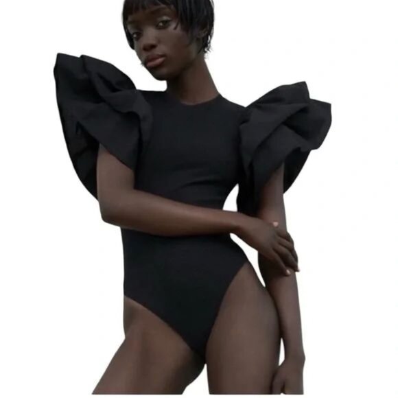 Zara Tops - Zara Black Ribbed Knit Poplin Ruffle Sleeve Bodysuit Top Size Small